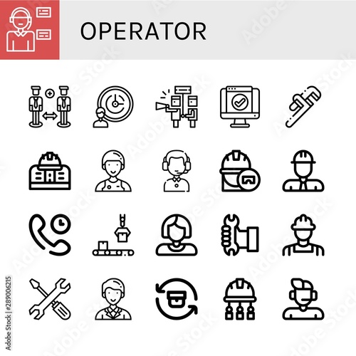 Set of operator icons such as Operator, Support, Support services, Service, Pipe wrench, Engineering, Assistant, Customer service agent, Engineer, Technical Support , operator