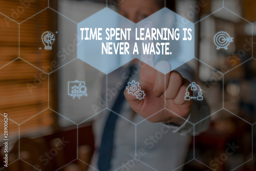 Conceptual hand writing showing Time Spent Learning Is Never A Waste. Concept meaning education has no end Keep learning Woman wear work suit presenting presentation smart device
