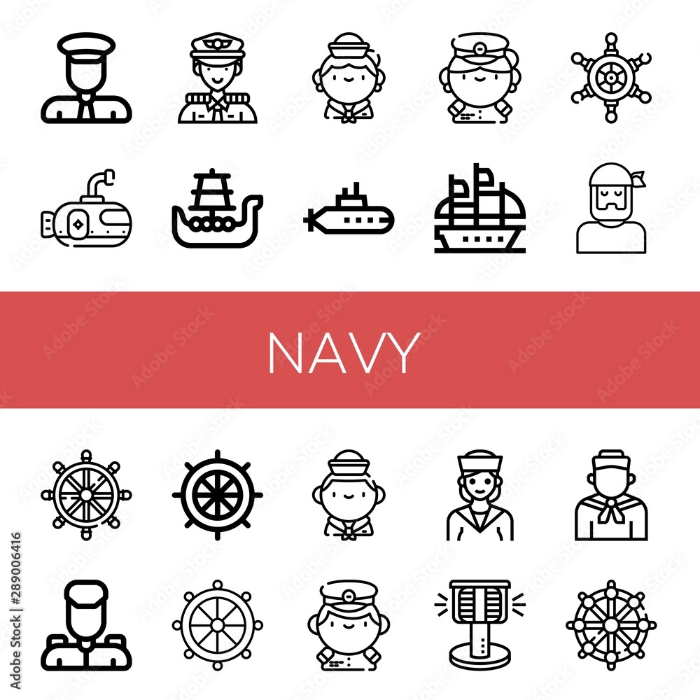 Set of navy icons such as Captain, Submarine, Battleship, Sailor, Galleon, Helm, Military, Rudder, Bollard , navy