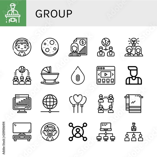 Set of group icons such as Eyewitness, Man, Chocolate chip, Individual, Connection, Team, Network, Cradle, Blood type, Video web, Chart, Balloon, Towel, Tv set, User, Organization , group