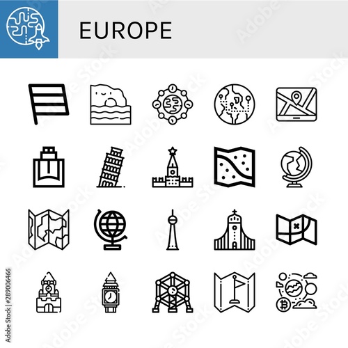 Set of europe icons such as Earth, Flag, Algarve, Globe, Map, Cologne, Leaning tower of pisa, Kremlin, Space map, World, World globe, Berlin, Hallgrimskirkja, Clock tower , europe