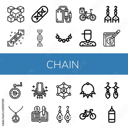 Set of chain icons such as Blockchain, Genes, Dna, Pedal, Necklace, Bicycle, Rapper, Earrings, Ledger, Pocket watch, Link, Punching bag , chain