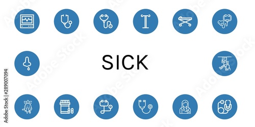 Set of sick icons such as Icu, Stethoscope, Iv pole, Stretcher, Sick, Analgesic, Veterinarian, Nose bleeding, Injury , sick