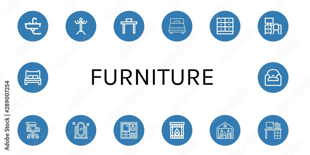 Set of furniture icons such as Sink, Coat rack, Dinner table, Bed, Drawer, Desk, Chair, Full length mirror, Wardrobe, Fireplace, Home office, Armchair , furniture Set of furniture icons such as Sink, Coat rack, Dinner table, Bed, Drawer, Desk, Chair, Full length mirror, Wardrobe, Fireplace, Home office, Armchair , furniture