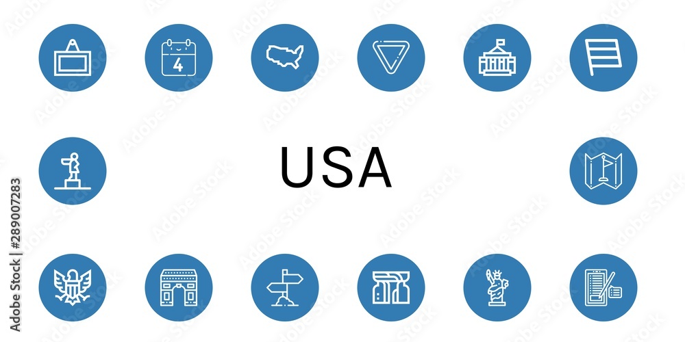 Set of usa icons such as Sign, th of july, United states of america, Yield, White house, Flag, Eagle, Arch, Monument, Statue liberty, Statue , usa Set of usa icons such as Sign, th of july, United states of america, Yield, White house, Flag, Eagle, Arch, Monument, Statue liberty, Statue , usa