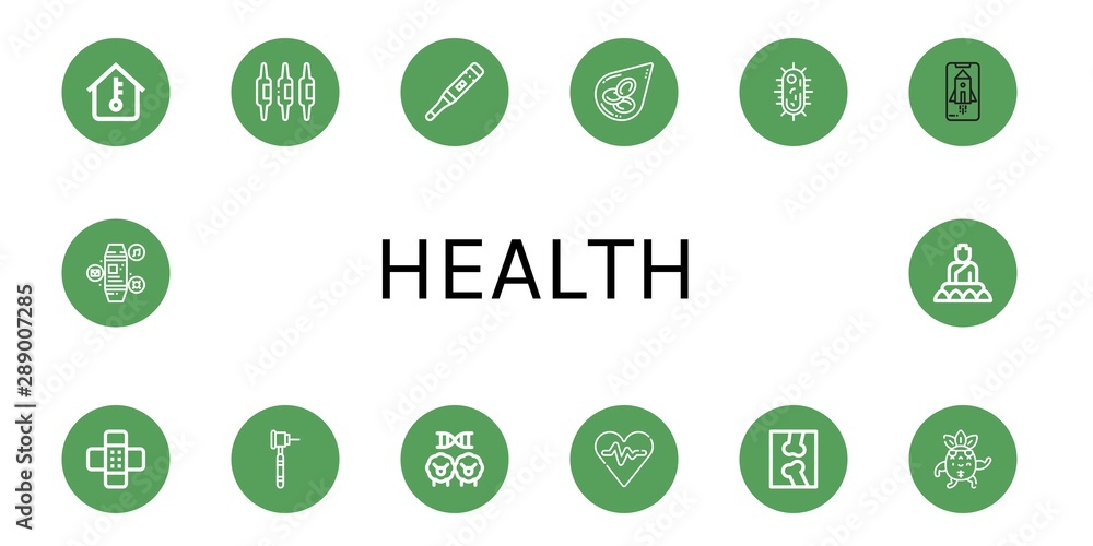 Set of health icons such as Temperature, Calcium, Thermometer, Blood cells, Virus, App, Patch, Dental drill, Cloning, Heart rate, X ray, Strong, Smartwatch, Buddha , health