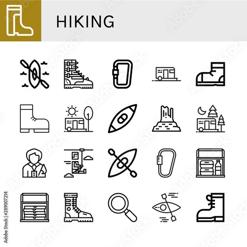 Set of hiking icons such as Boots, Kayak, Boot, Carabiner, Camping, Snow boots, Valley rocks, Tour guide, Zip line, Thermo bag, Active , hiking