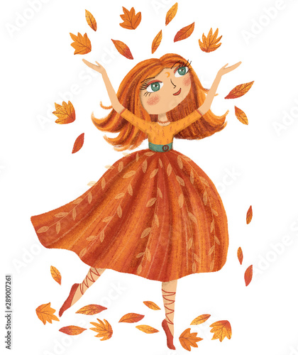 Autumn fairy girl throwing leaves. Hand drawn illustration.