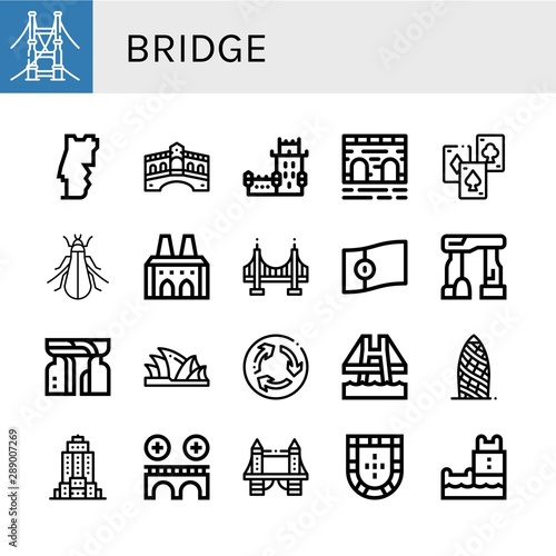 Set of bridge icons such as Bridge, Portugal, Rialto bridge, Belem tower, Playing cards, Tree cricket, National palace of sintra, Golden gate, Dolmen, Monument, Sydney opera house ,