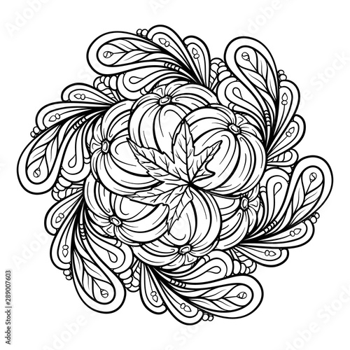 Black and white autumn ornament. Pumpkins and autumn floral motifs coloring page