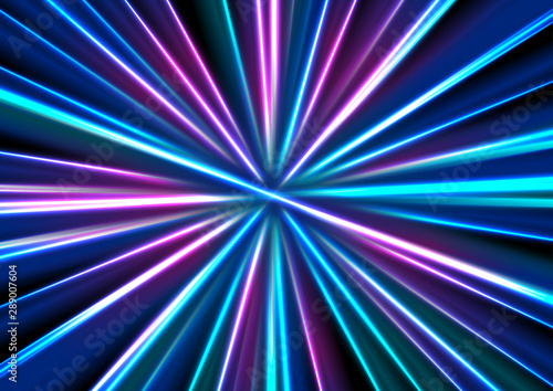 Blue purple neon glowing tech rays. Vector design of abstract smooth stripes beams. Futuristic background
