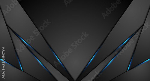 Black abstract corporate graphic design with blue glowing light. Technology concept background. Vector illustration