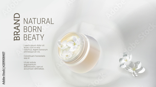 Cosmetic realistic vector background. White open jar with organic cream falling in milk splash near jasmine flowers. Mock up promo banner, concept poster for natural cosmetics, organic product ad