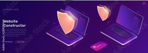 Online electronic payment isometric concept vector illustration. Golden shield, open laptop with digital code on the screen and credit card on ultraviolet background, web banner, landing page