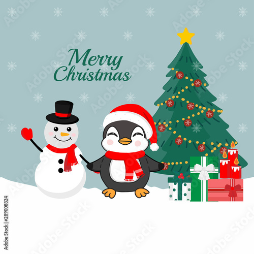 Merry Christmas card. Cute Penguin wearing Santa Claus hat