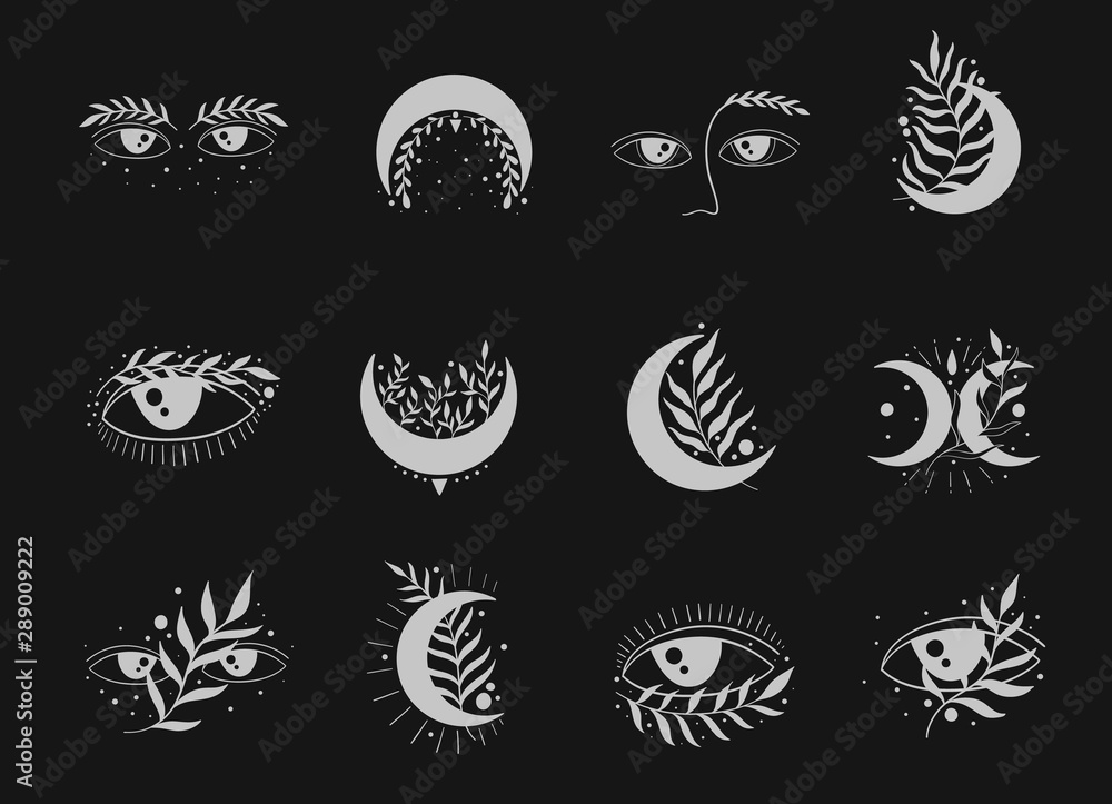 Set symbol nature elegant. Moon and eyes symbol mystic. Set symbol nature elegant. Moon and eyes symbol mystic.