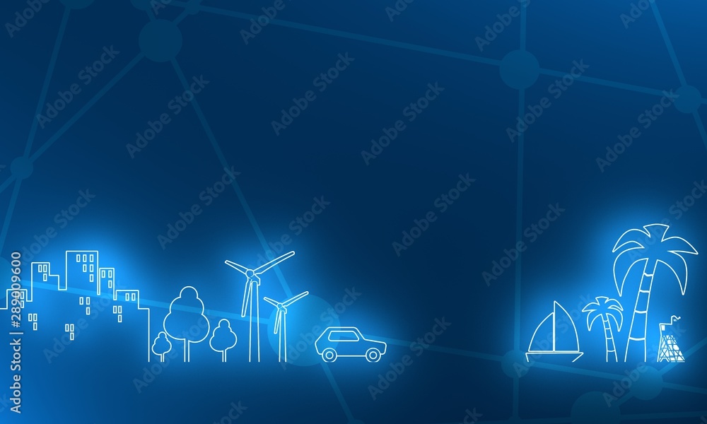 City and tropical recreation relative silhouettes. Retro car moving to cruise ship and palm. Ecology linear design concept. 3D rendering. Neon bulb illumination