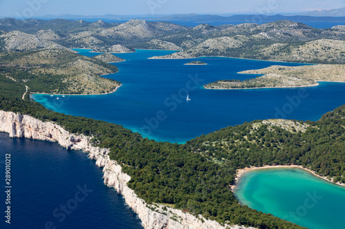 Fototapeta Naklejka Na Ścianę i Meble -  Aerial view of Telašćica Nature Park with the bay, cliffs and the salt lake
