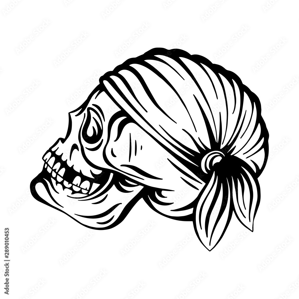 Fototapeta premium Skull. Pirate skull hand drawn vector illustration. Skull with eye patch and headband sketch drawing. Part of set.
