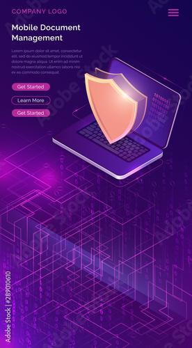 Data protection concept, online security guarantee, isometric vector. Open laptop, golden shield guards personal information on its screen, purple background with digital data stream, landing web page