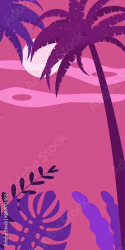 Summer tropical template background stories with palms, sky and sunset