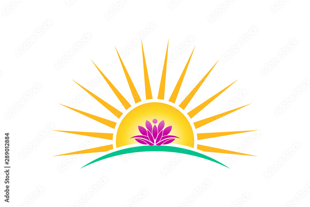 Fototapeta premium Lotus plant in sunrise logo vector image. lotus person, purity concept