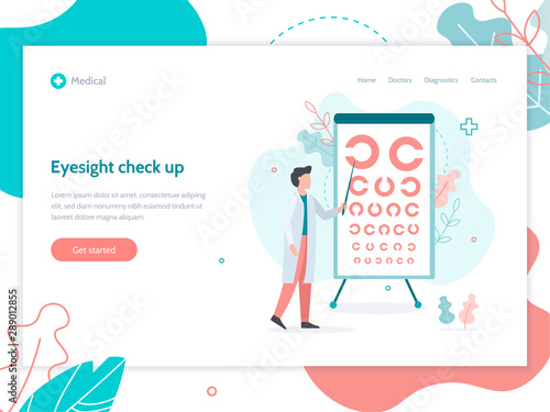 Eyesigth check up. Doctor standing near eye test chart. Ophthalmology concept. Web banner design template. Flat vector illustration.