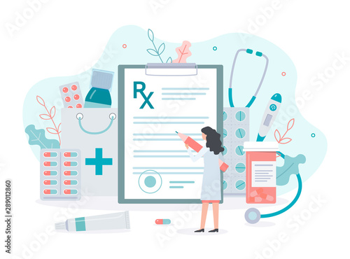 Female doctor writes a prescription. Medical concept with pills, drugs and clipboard. Flat vector illustration.