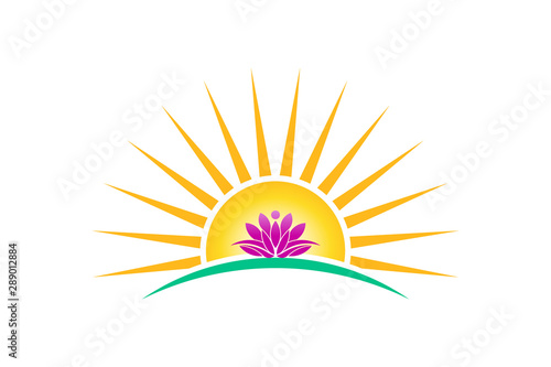 Lotus plant in sunrise logo vector image. lotus person, purity concept