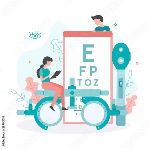 A team of ophthalmologists and vision checks. Ophthalmology concept with tiny people. Flat vector illustration.