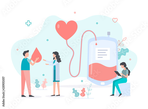 Little people are engaged in blood donation. Volunteer passes his blood to the nurse. Flat vector illustration.