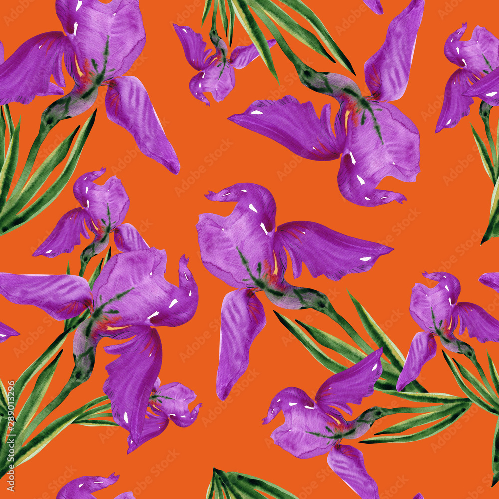 floral seamless iris pattern, watercolor purple flowers on an orange background.