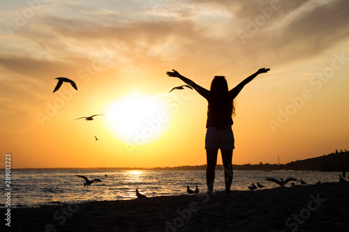 A young woman in shorts and a T-shirt is standing at sunset against the background of the sea with her hands up  seagulls are flying around. The concept of summer  sea  relaxation and happiness