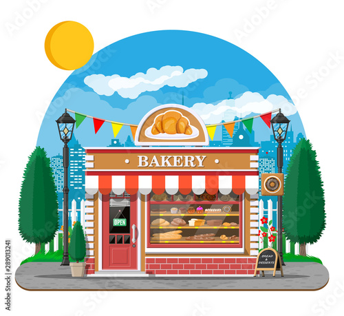 Bakery shop building facade with signboard. Baking store, cafe, bread, pastry and dessert shop. Showcases with bread, cake. City park, street lamp, trees. Market, supermarket. Flat vector illustration