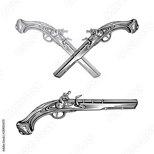 Old gun. Vintage flintlock pistol vector illustrations collection. Hand drawn antique pistol graphic. Part of set. photo