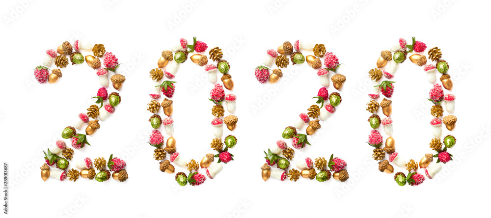 Holiday banner concept. Word 2020 on white background.Symbol letters collected from the Christmas decor - acorns, cones, berries and mushrooms. Flat lay, creative layout