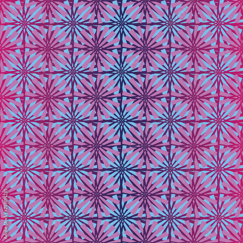A seamless vector pattern with pink and blue geometric stars ona gradient violet background. Surface print design.