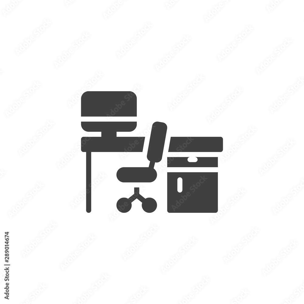 Office workplace vector icon. filled flat sign for mobile concept and web design. Working computer desk with office chair glyph icon. Symbol, logo illustration. Vector graphics Office workplace vector icon. filled flat sign for mobile concept and web design. Working computer desk with office chair glyph icon. Symbol, logo illustration. Vector graphics