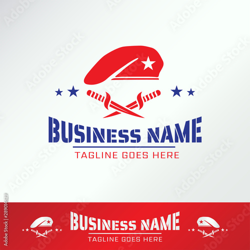 Military Army Logo Template with beret and knife for Business, Company, Association, Club, Organization. Red Berets