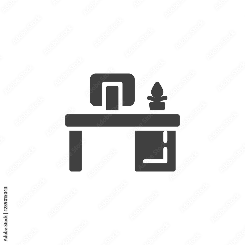 Computer desk, workplace vector icon. filled flat sign for mobile concept and web design. Workplace with computer monitor and plant glyph icon. Symbol, logo illustration. Vector graphics Computer desk, workplace vector icon. filled flat sign for mobile concept and web design. Workplace with computer monitor and plant glyph icon. Symbol, logo illustration. Vector graphics