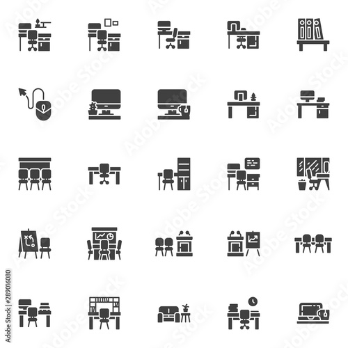 Office workplace vector icons set, modern solid symbol collection, filled style pictogram pack. Signs, logo illustration. Set includes icons as desk with computer monitor, chair, presentation screen