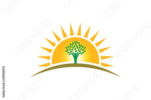 People Tree of Life in sunshine logo. Family of three persons tree strong