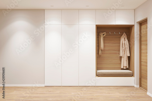 3d illustration. Entrance hall in the apartment with wardrobe. Front view photo
