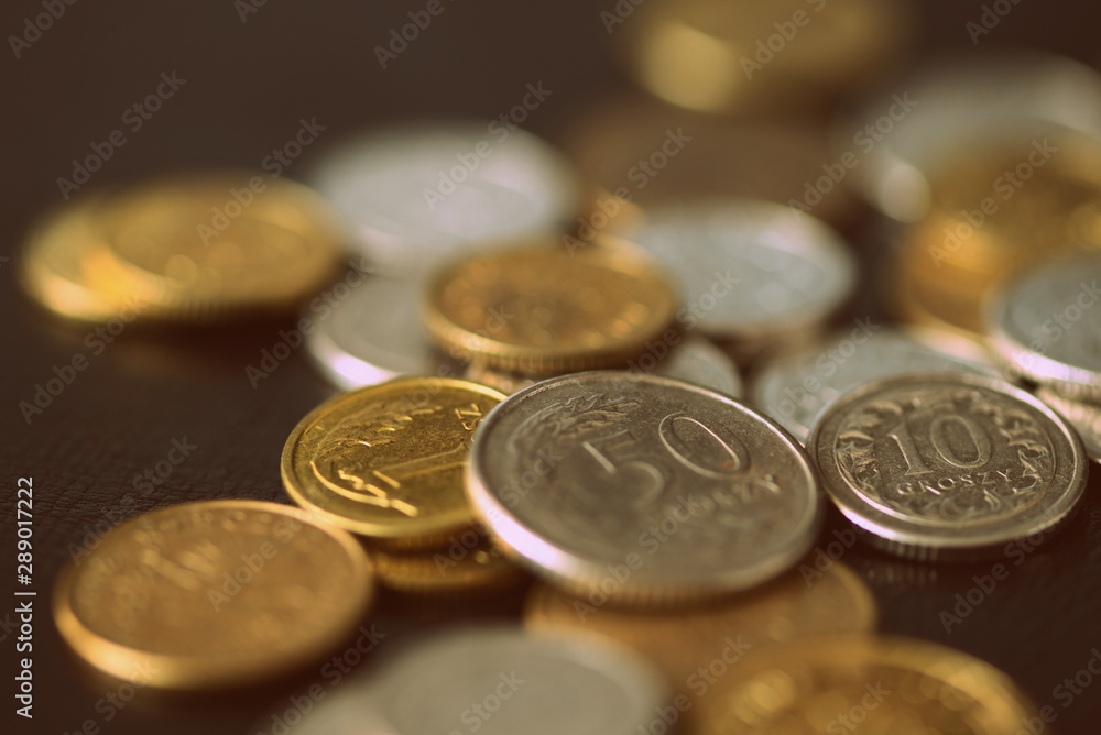 Polish coins scattered on a dark background close up. Retro style Polish coins scattered on a dark background close up. Retro style