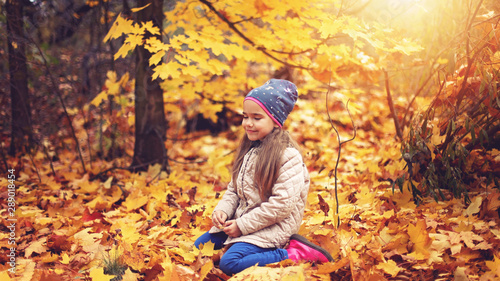Cute little girl walking and gathering autumn leaves