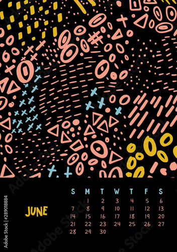 June. Vector colorful monthly calendar for 2020 year with abstract marker doodle.