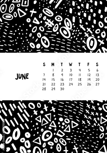 June. Vector colorful monthly calendar for 2020 year with abstract marker doodle.