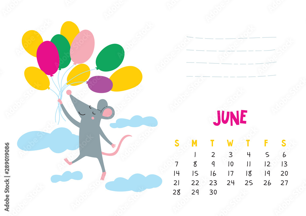 June. Vector calendar page with cute rat in travel - Chinese symbol of 2020 year