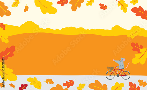 Vector illustration decorated with autumn oak leaves with cute rat without text.