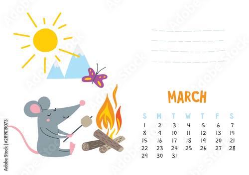 March. Vector calendar page with cute rat in travel - Chinese symbol of 2020 year